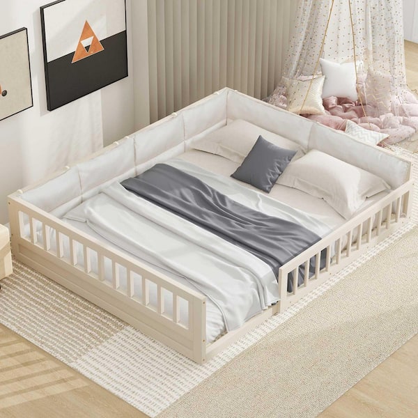 Beige Wood Frame Full Size Platform Bed with Guardrail and Pillow