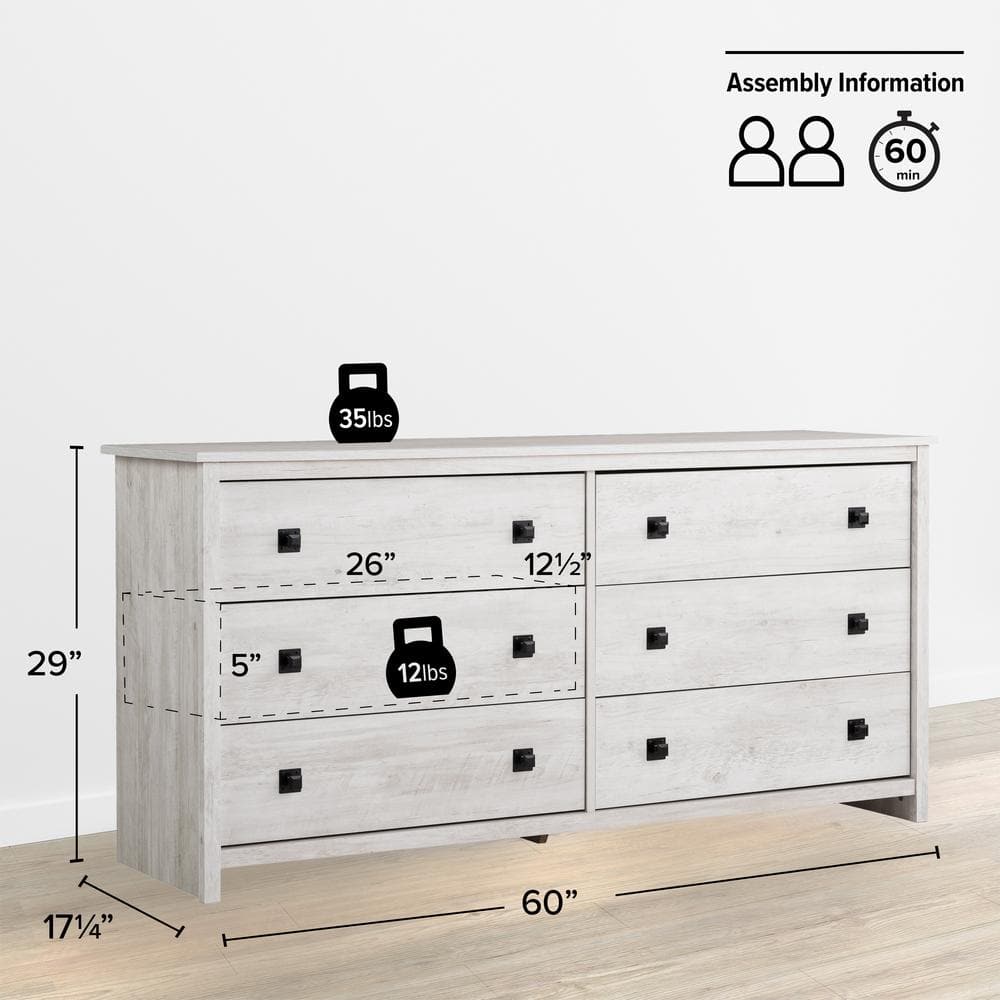 Washed White Farmhouse 6-Drawer Pine MDF Dresser
