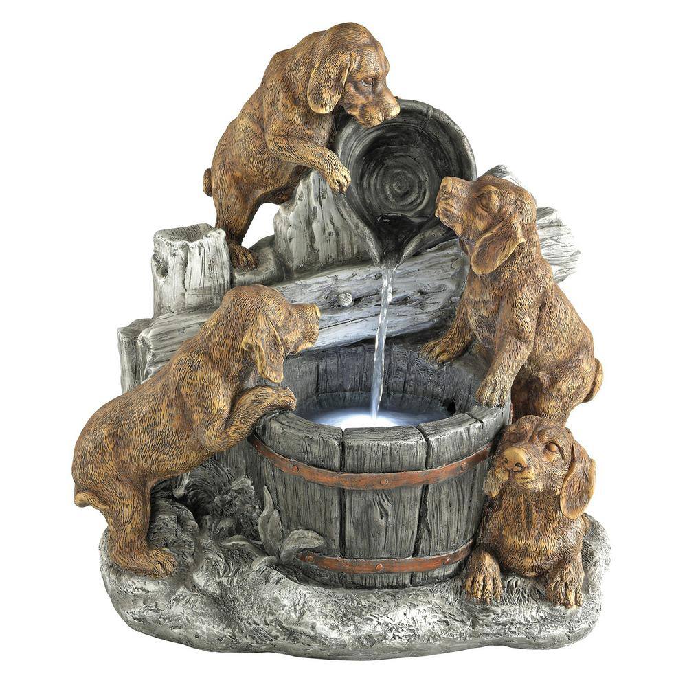 Solar Powered Resin Puppy Pail Pour Garden Fountain with LED Lights