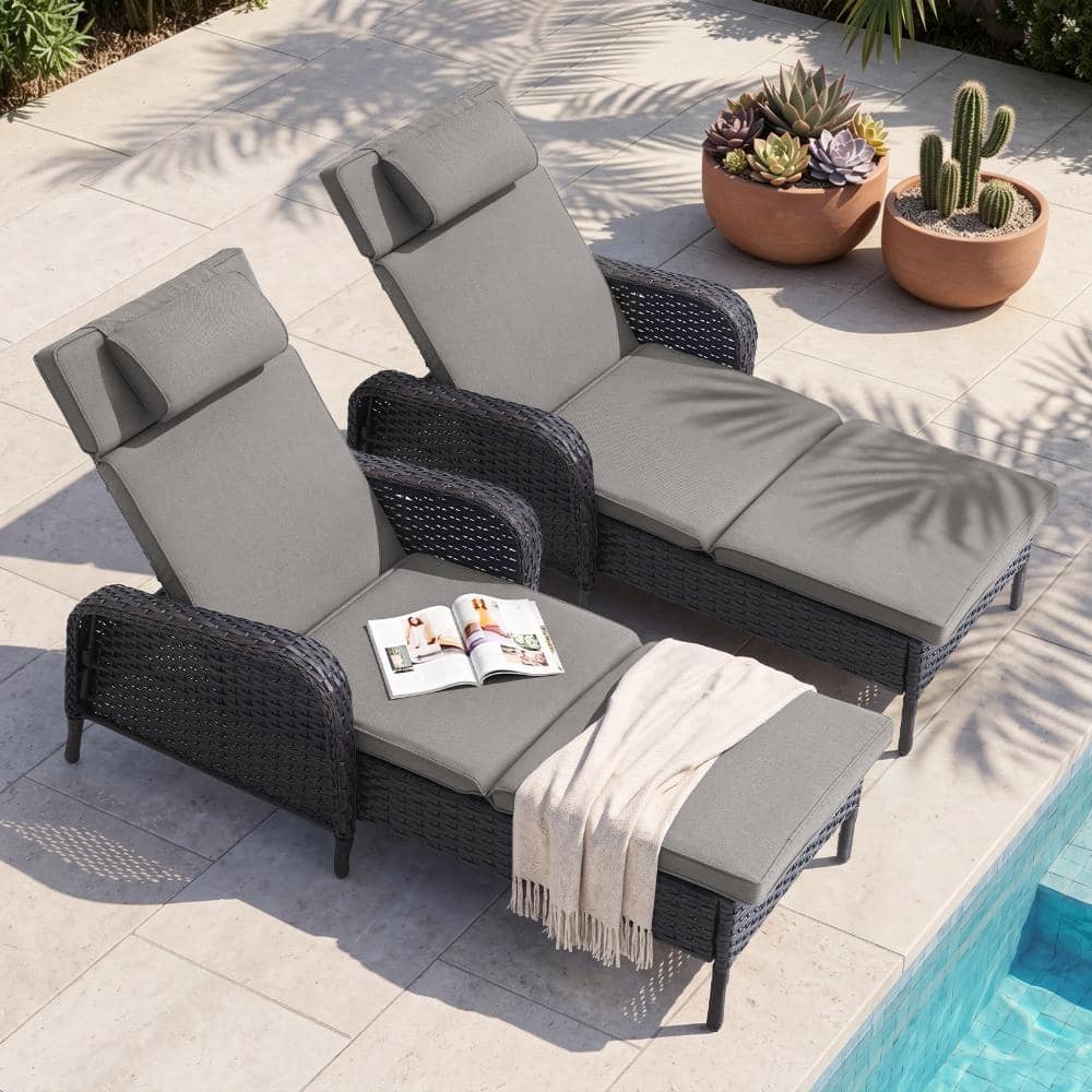 Wellcane 2-Piece Brown Wicker Outdoor Chaise Lounge Chair with Adjustable Backrest, Outdoor Recliner with Gray Cushion price history on PriceWatchPro