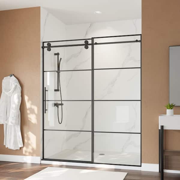 EAKYHOM 56-60 in. W x 72 in. H Narrow-Framed Single Sliding Shower Door in Matte Black Finish with Easy-Clean Glass, Towel Bar