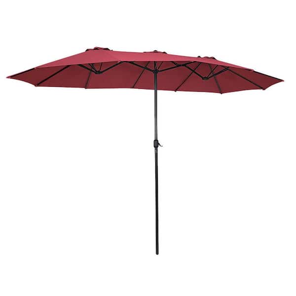 Costway Outdoor 15 ft. Steel Market Patio Umbrella Double-Sided Twin Patio Umbrella in Wine Red with Crank
