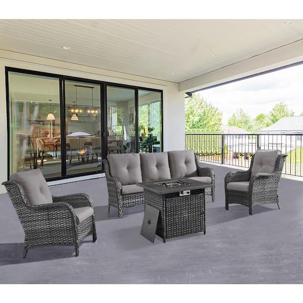 ArcoBay 4-Piece Gray Wicker Patio Square Fire Pit Conversation Set with Gray Cushions and Sofa Set