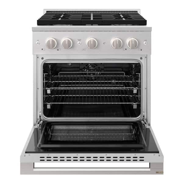 30 in. 4.2 cu. ft. Marino Dual Fuel Freestanding Range with Gas Cooktop and 4 Brass Burners in Satin Stainless Steel
