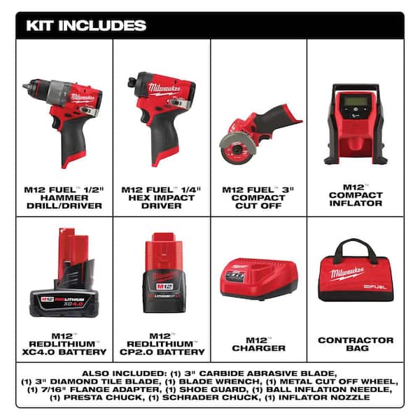M12 FUEL 12-Volt Li-Ion Brushless Cordless Hammer Drill & Impact Driver Combo Kit w/2 Batteries, Cut Off Saw & Inflator