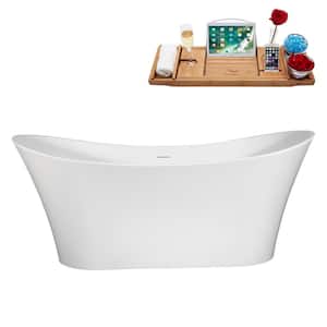 67 in. x 31 in. Acrylic Freestanding Soaking Bathtub in Glossy White With Glossy White Drain, Bamboo Tray