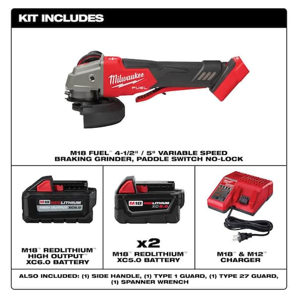 M18 FUEL 18V Lith-Ion Cordless 4-1/2 in. /5 in. Grinder w/ Variable Speed & Paddle Switch w/ (3) Battery & Charger