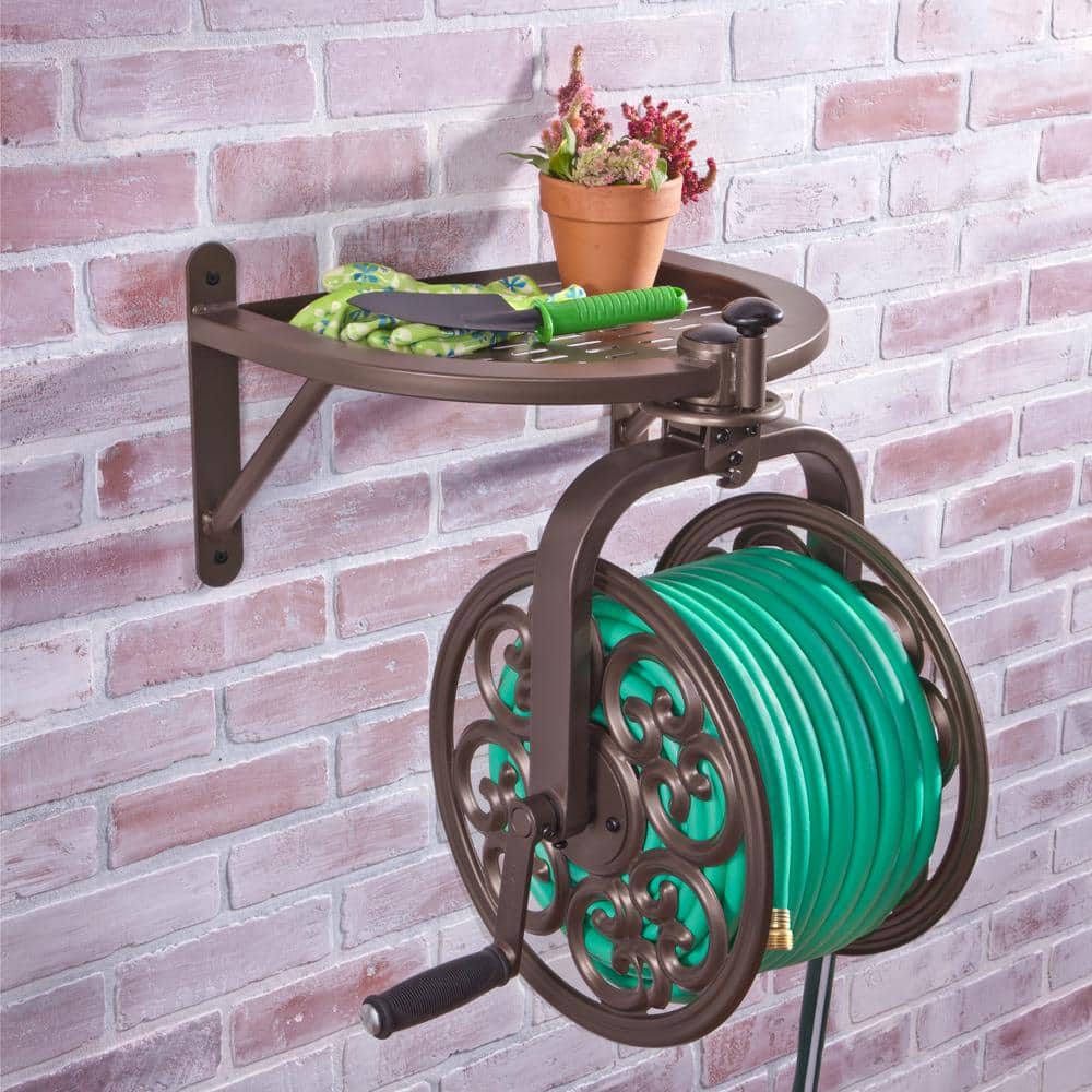 Brown Steel Wall Mount Rotating Hose Reel with Storage Tray