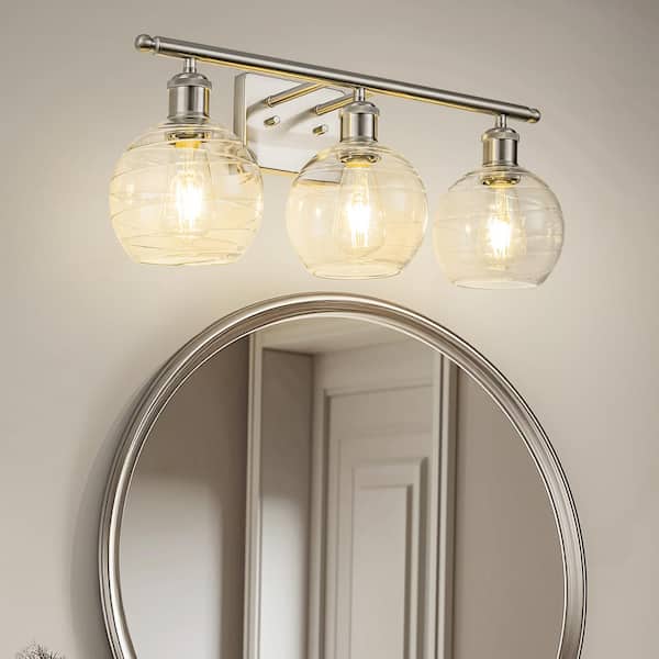 23 in. 3-Light Brushed Nickel Vanity Light with Clear Globe Glass Shades for Vanity or Powder Room