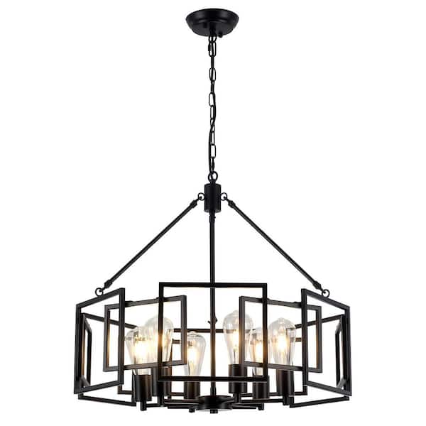 24.01 in. 6-Light Matte Black Drum Chandelier with Metal Splicing Shade and No Bulbs Included For Foyer