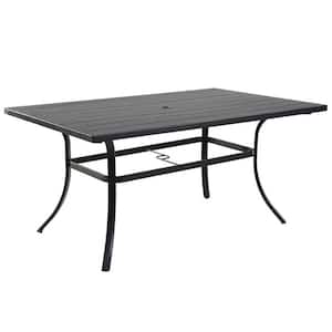 Rectangular Composite Outdoor Dining Table Woodgrain Top Patio Side Table with Umbrella Hole