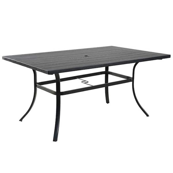 Rectangular Composite Outdoor Dining Table Woodgrain Top Patio Side Table with Umbrella Hole