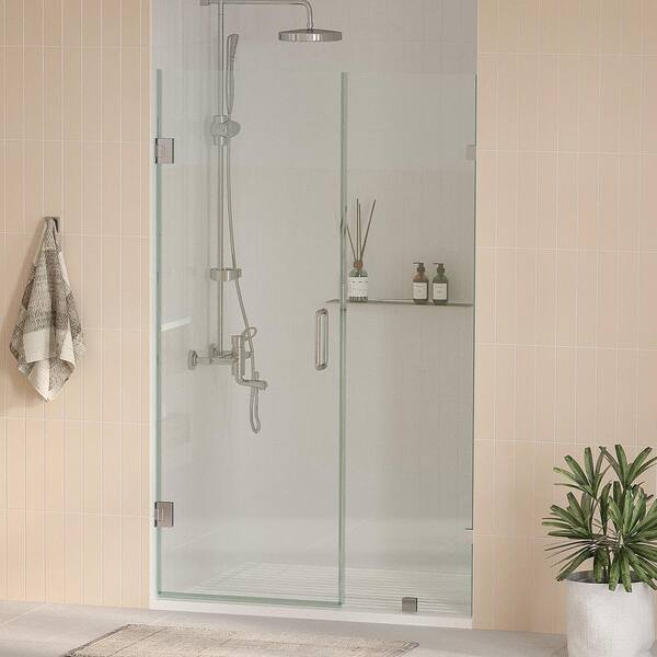Kobiworks Nirvana 64.5 in. W x 76 in. H Frameless Pivot Hinged Shower Door in Brushed Nickel with 3/8 in. Clear Glass