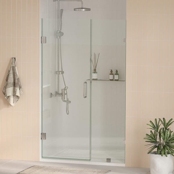 Nirvana 67.5 in. W x 76 in. H Frameless Pivot Hinged Shower Door in Brushed Nickel with 3/8 in. Clear Glass