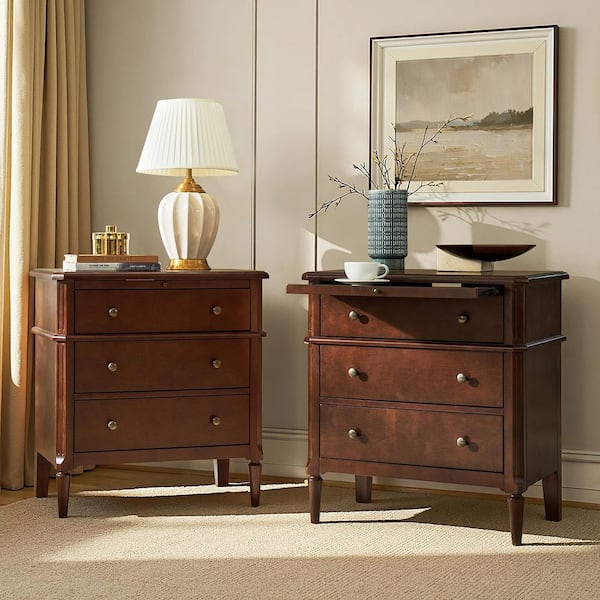 Fabien Walnut 3-Drawer 28 in. W Nightstand with Solid Wood Legs (Set of 2)