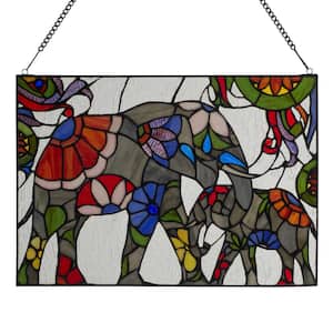 Elephant Family Stained Glass Window Panel in Multicolored