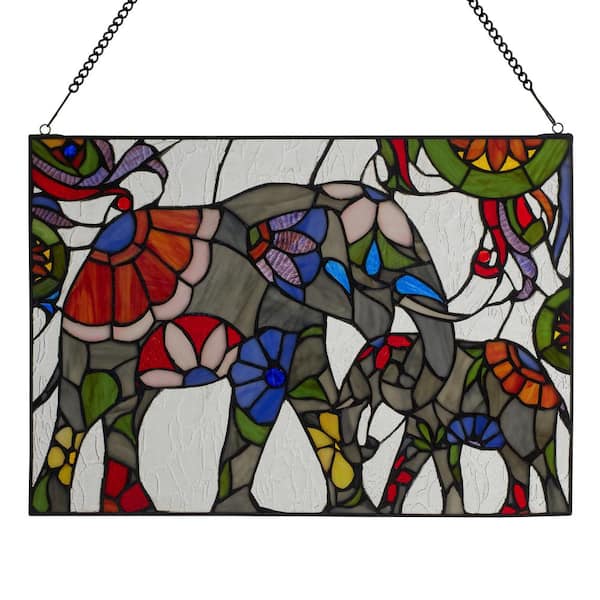 River of Goods Elephant Family Stained Glass Window Panel in Multicolored