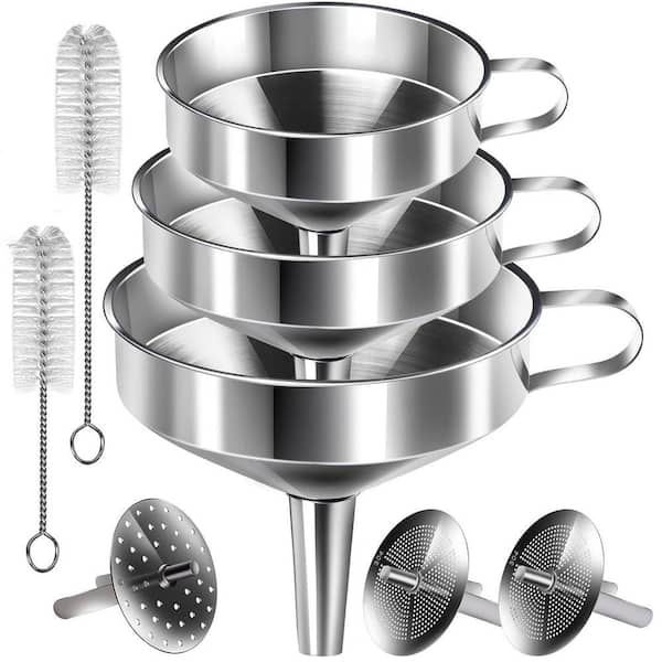 Stainless Steel Kitchen Funnel Set of 3 with Removable Strainer and Brushes Large Food Grade Metal Funnel for Bottles