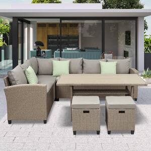 Modern 5-Piece PE Wicker Outdoor Conversation Sectional Sofa Set Patio Furniture Set with Brown Cushions