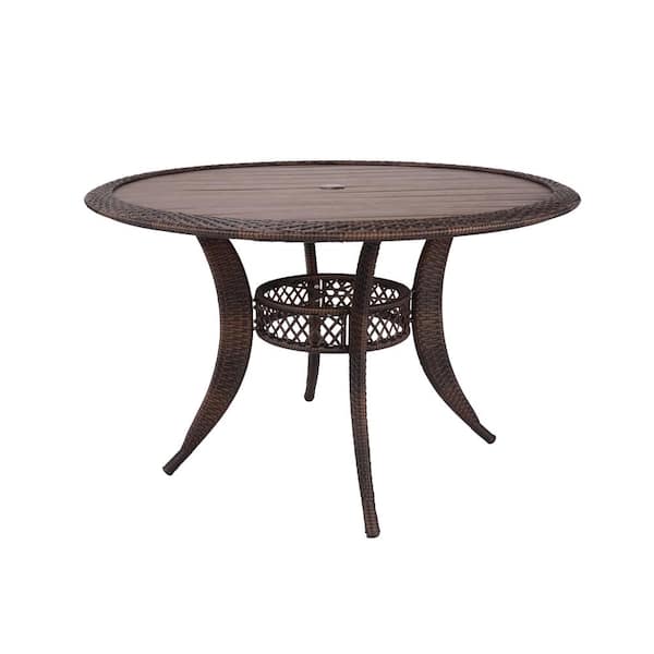 Hampton Bay Cambridge Brown Round Resin Wicker Outdoor Dining Table with Faux Wood Table Top