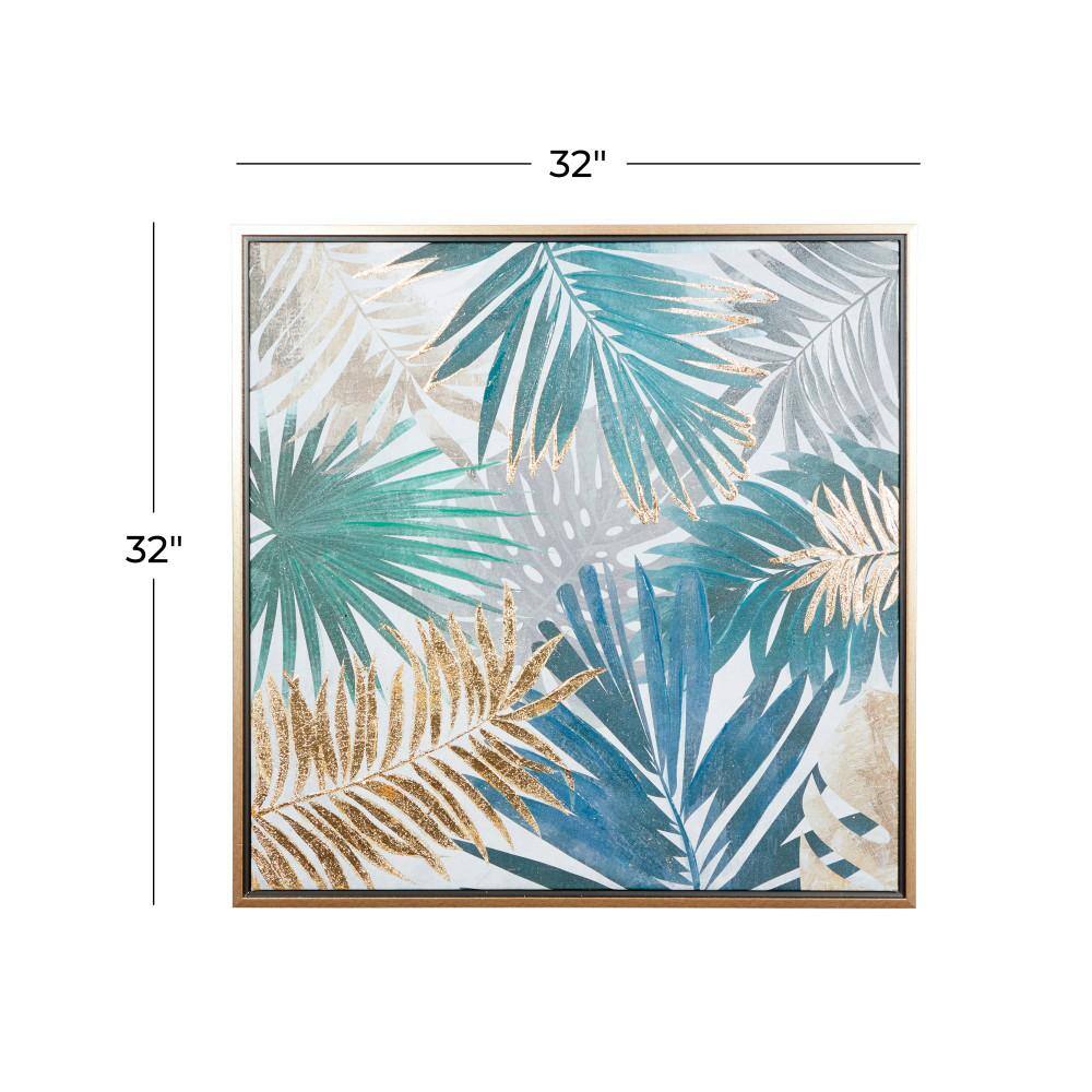 32" Blue and Gold Tropical Leaf Framed Canvas Wall Art