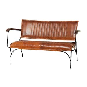 25 in. Brown Leather 2 Seater Tufted Loveseat with Metal Legs
