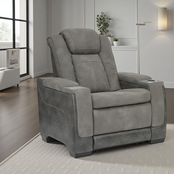Corbin Gray Faux Leather Glider Power Recliner Chair with Wireless Charger
