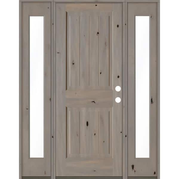 Krosswood Doors 58 in. x 80 in. Rustic Knotty Alder Square Top Left-Hand/Inswing Clear Glass Grey Stain Wood Prehung Front Door w/DFSL