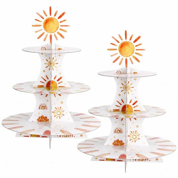 2 Set 3 Tier Yellow Sun Pattern Cardboard Cake Stand for 24 Cupcakes for Party Display