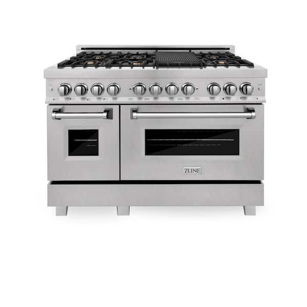 48 in. Legacy Dual Fuel Range with Gas Cooktop and 2 Electric Ovens in Satin Stainless Steel with 6 Brass Burners