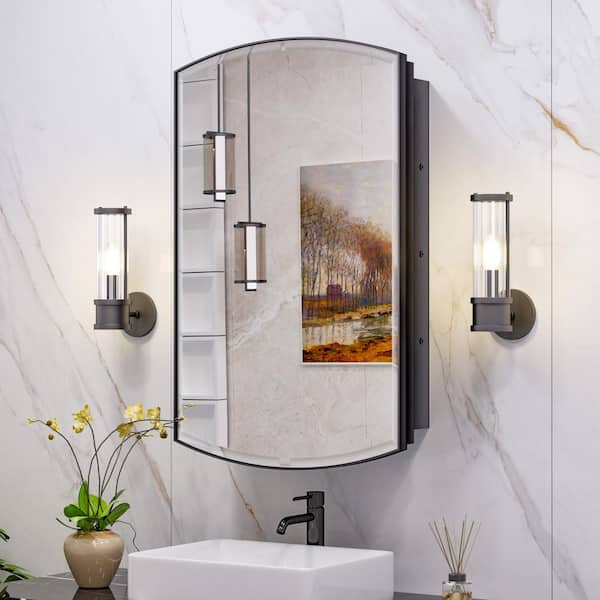 KeonJinn 16 in. W x 26 in. H Arched Framed Single Door Aluminum Recessed/Surface Mount Medicine Cabinet with Mirror in Black