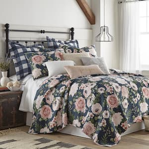 Fiori 2-Piece Charcoal Blue, Pink, Green, Cream Floral/Checked Cotton Twin/Twin XL Quilt Set