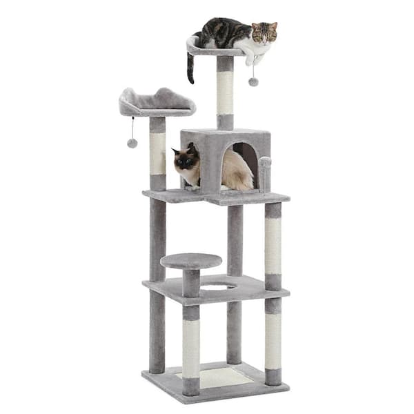 ATENGNES 63 in. Grey Multi-Level Cat Tree Cat Tower with Sisal Scratching Post, Cozy Cat Condo, Cat Hammock and Wide Top Perch