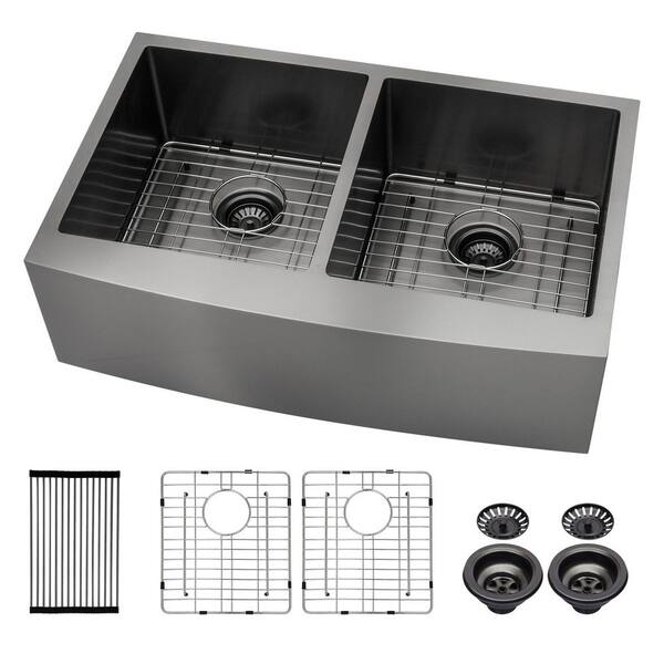 Gunmetal Black Stainless Steel 33 in. 16-Gauge Double Bowl Farmhouse Apron-Front Kitchen Sink Gunmetal Black Stainless Steel 33 in. 16-Gauge Double Bowl Farmhouse Apron-Front Kitchen Sink