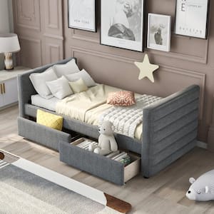 Gray Twin Modern Linen Upholstered Daybed With Two Drawers