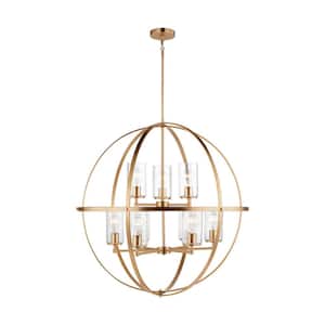 Alturas 9-Light Satin Brass Modern Hanging Globe Chandelier with Clear Seeded Glass Shades