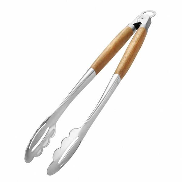 17.5 in Stainless Steel BBQ Tongs with Heat-Resistant Acacia Wood Handle and Locking Design for Grilling