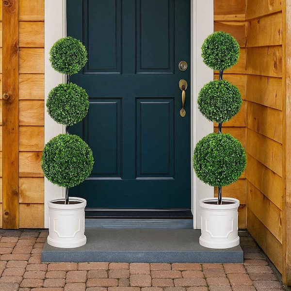 3 ft. Artificial Triple Ball Topiary Tree 3-Ball Faux Shrubs Plant in White Vintage Pot Outdoor Decoration