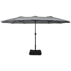 15 ft. Iron Market Double-Sided Twin Patio Umbrella with Crank and Base, Sturdy 12-Rib Metal Structure,Gray