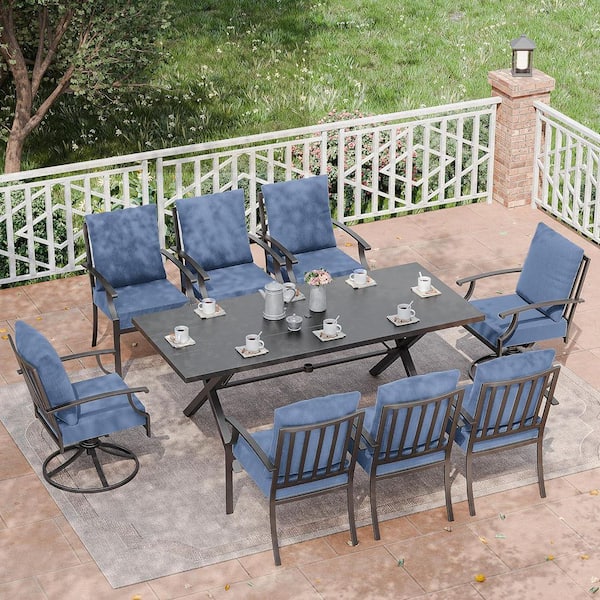 9-Piece Black Metal Patio Outdoor Dining Set with Swivel&fixed Chairs, Rectangle Table, Umbrella Hole and Navy Cushions.