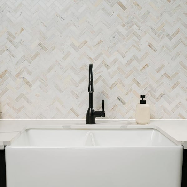 Angora Herringbone 12 in. x 12in. Polished Marble Mesh-Mounted Mosaic Tile (1 sq. ft./Each)