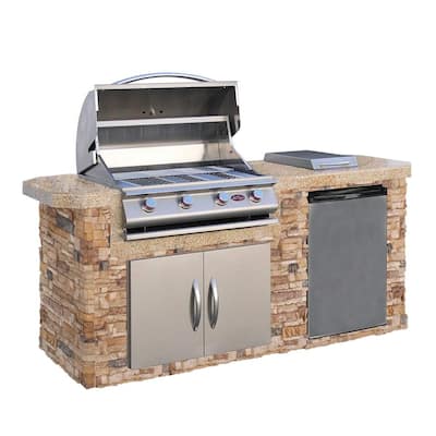 7 ft. Stone Veneer Grill Island with 4-Burner Gas Grill in Stainless Steel