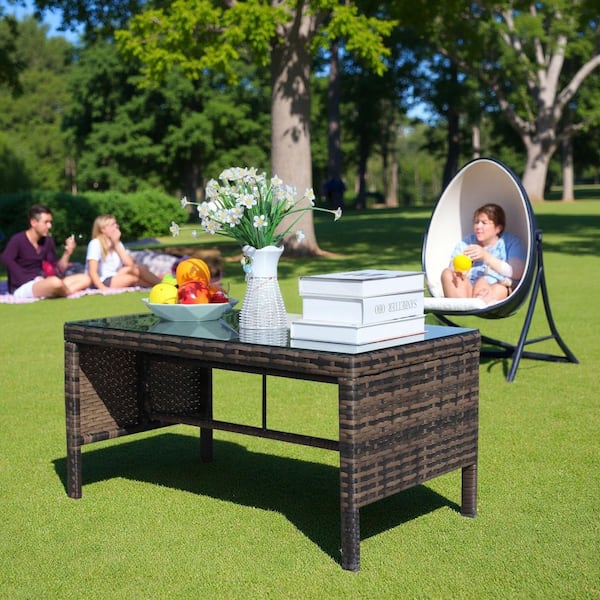 Unbranded All Weather Wicker Rattan Coffee Table with Tempered Glass Top