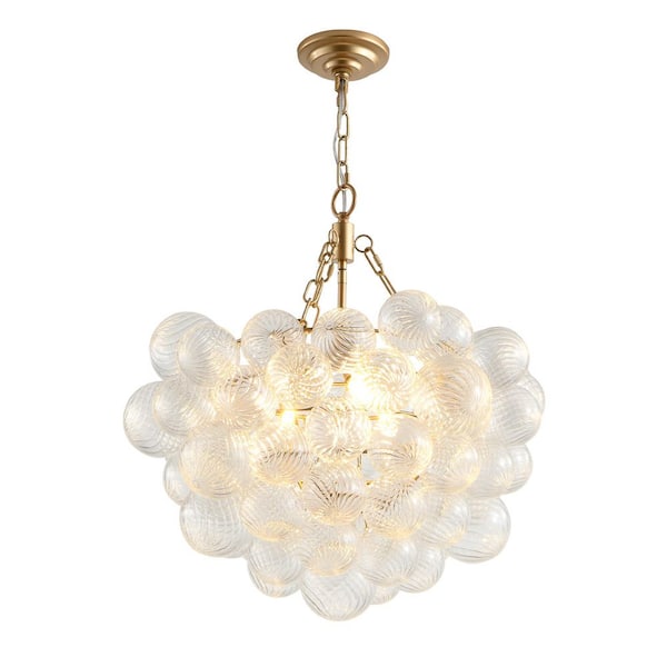 23.6 in. 3-Light Gold Pendant Light Chandelier with Threaded Clear Glass Globe Shade-Adjustable Height, No Bulbs
