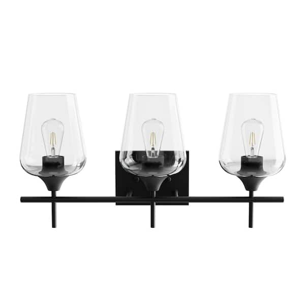 Merra 3-Light Matt Black Bathroom Vanity Light with Clear Glass Shades