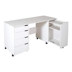 58.12 in. Pure White Rectangular 4 -Drawer Writing Desk with Casters