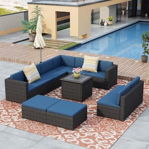 9-Piece Brown Wicker Outdoor Sectional with Blue Cushions and Ottoman