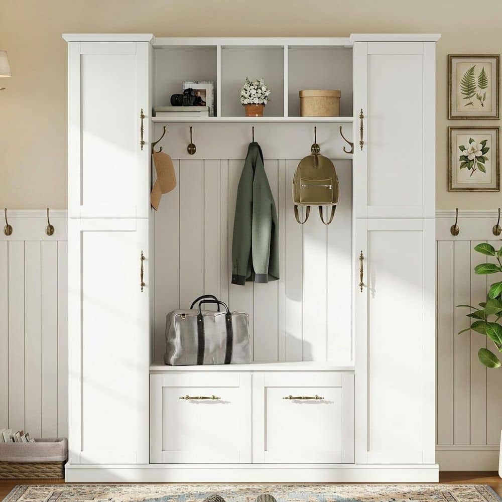 Harper & Bright Designs Modern Elegant White Entryway Hall Tree with 5 ...