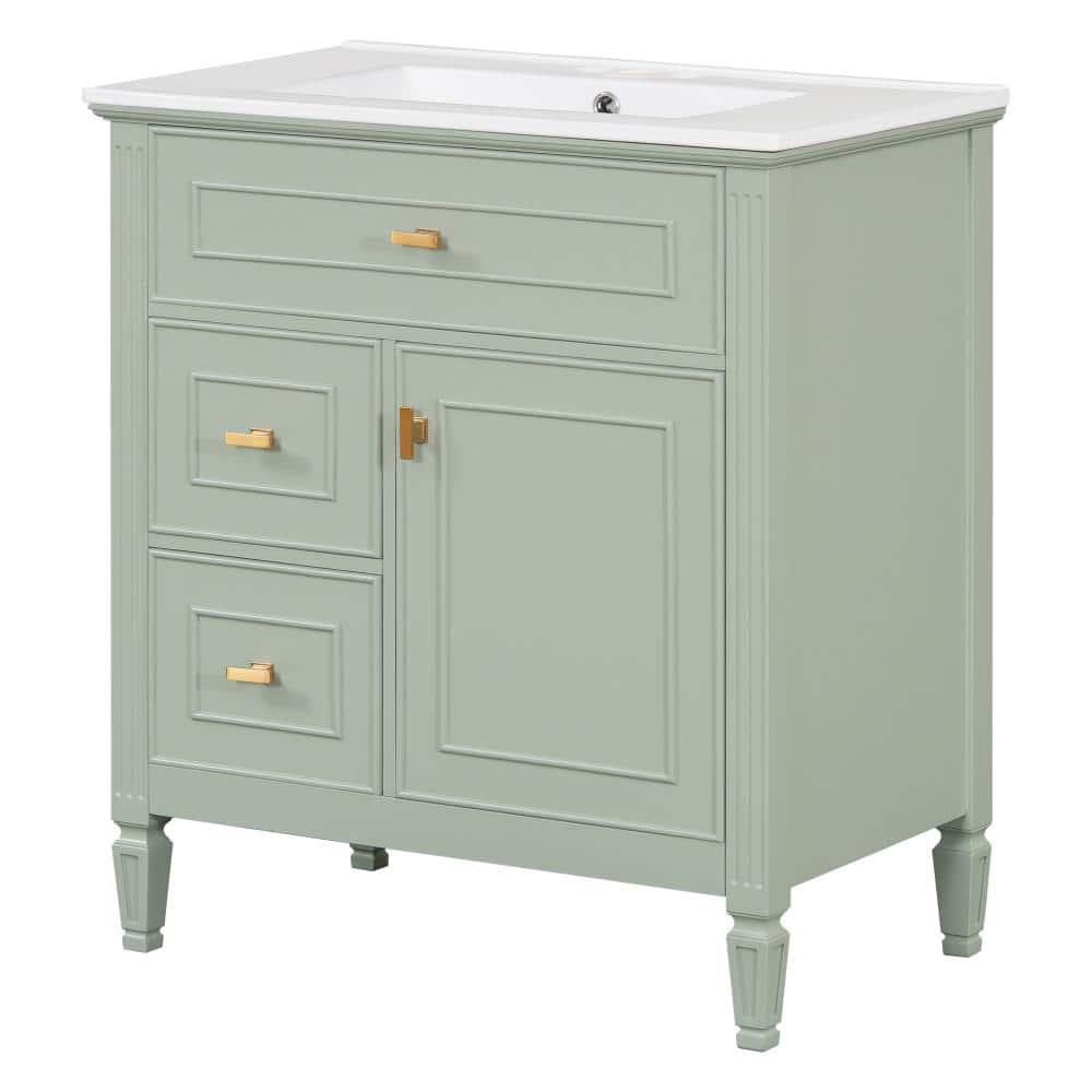 30 in. W Green Freestanding Bath Vanity with White Ceramic Top Sink,One Flip Drawer and Two Drawers