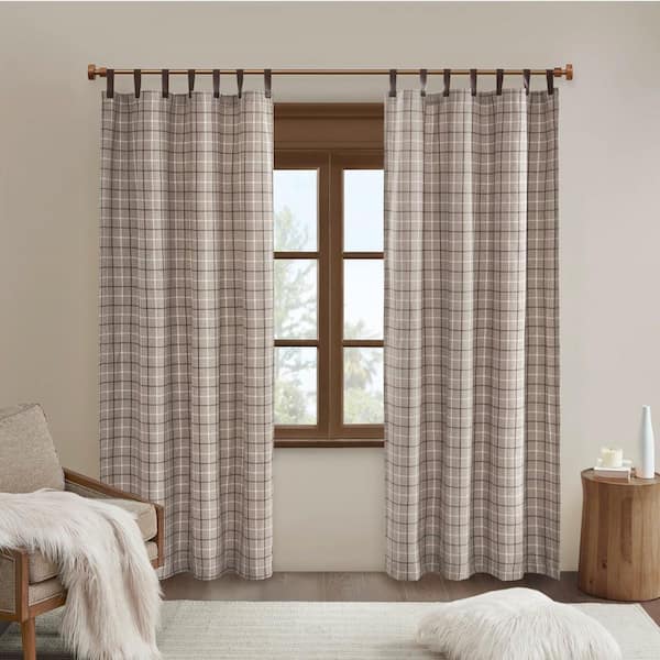 Salford Brown 50 in. W x 108 in. L Plaid Faux Leather Tab Top Curtain Panel with Fleece Lining (Single Panel)